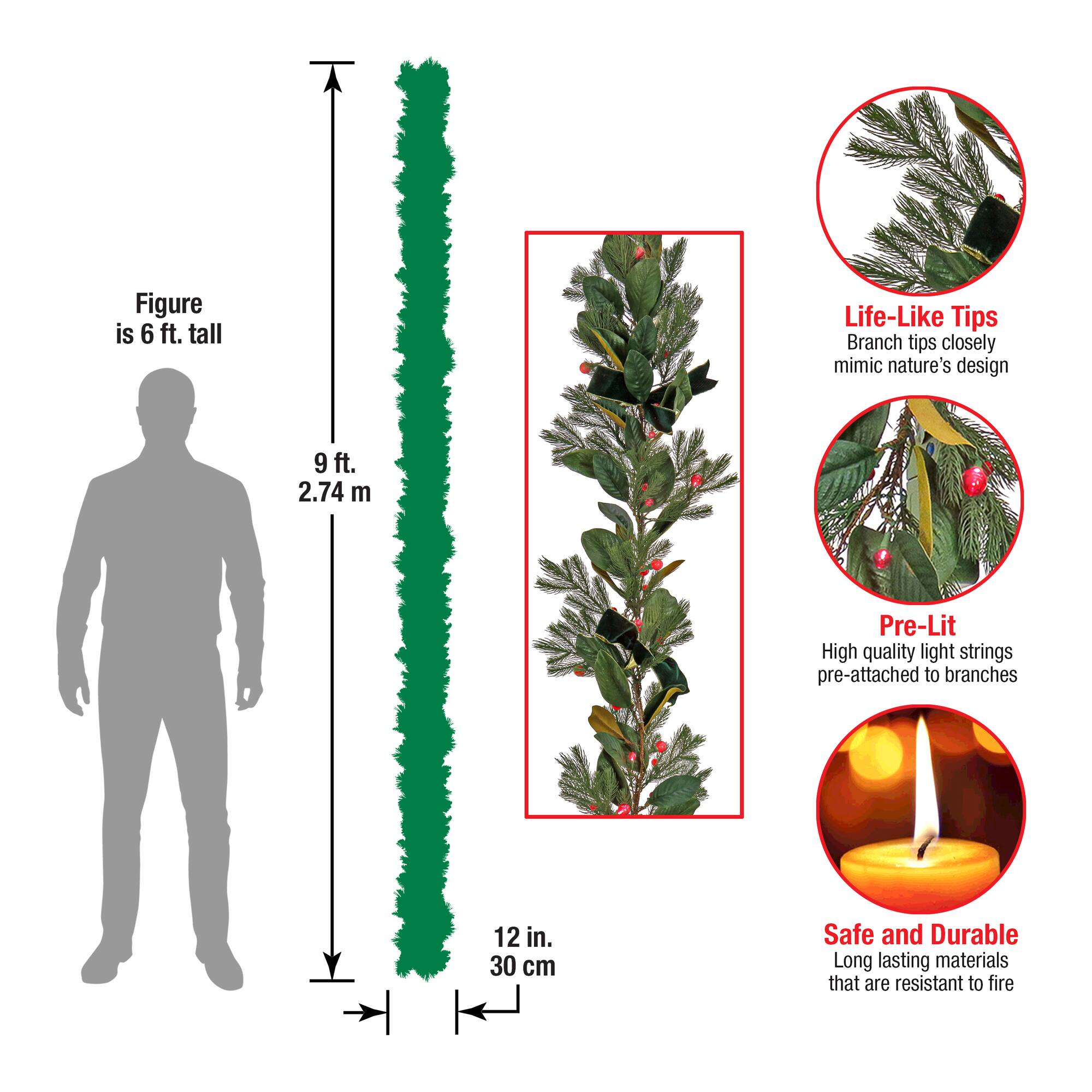 9ft. Magnolia Mix Pine Garland with LED Lights & Bows